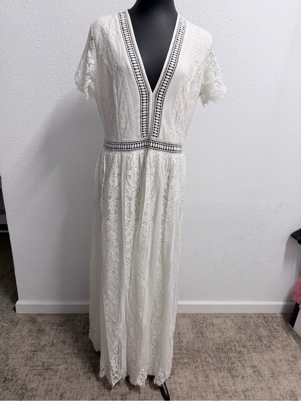 V-Neck White Lace Maxi Dress with Crochet Waist Detail